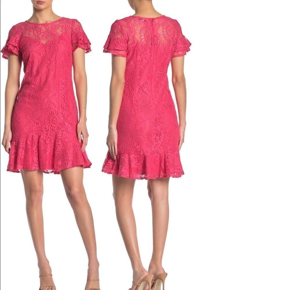 Kensie Women’s ruffled short sleeve lace pink dress size 6, NWT